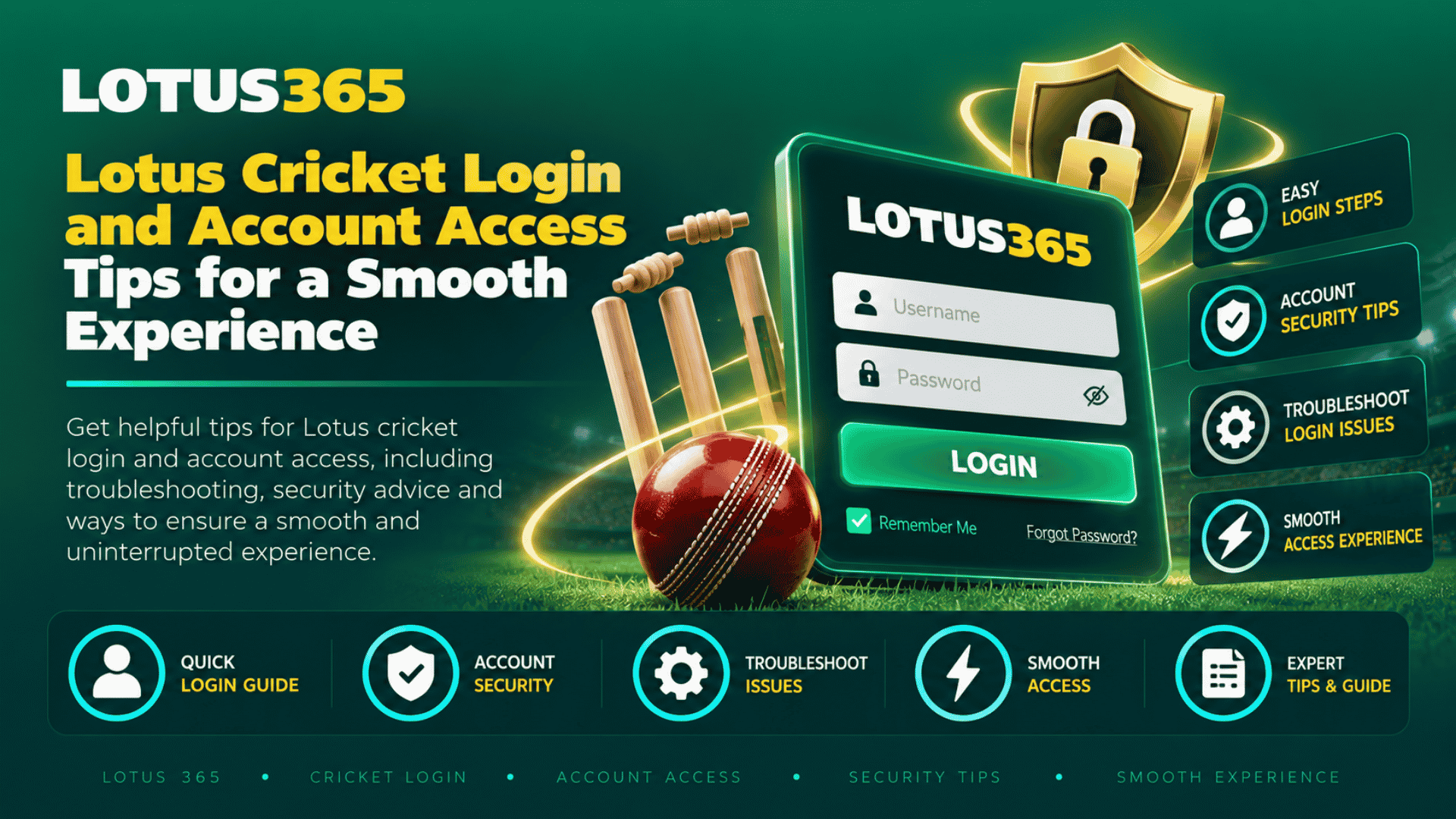 Lotus Cricket Login and Account Access Tips with secure account access, login panel, cricket ball, wickets, and account security guidance.